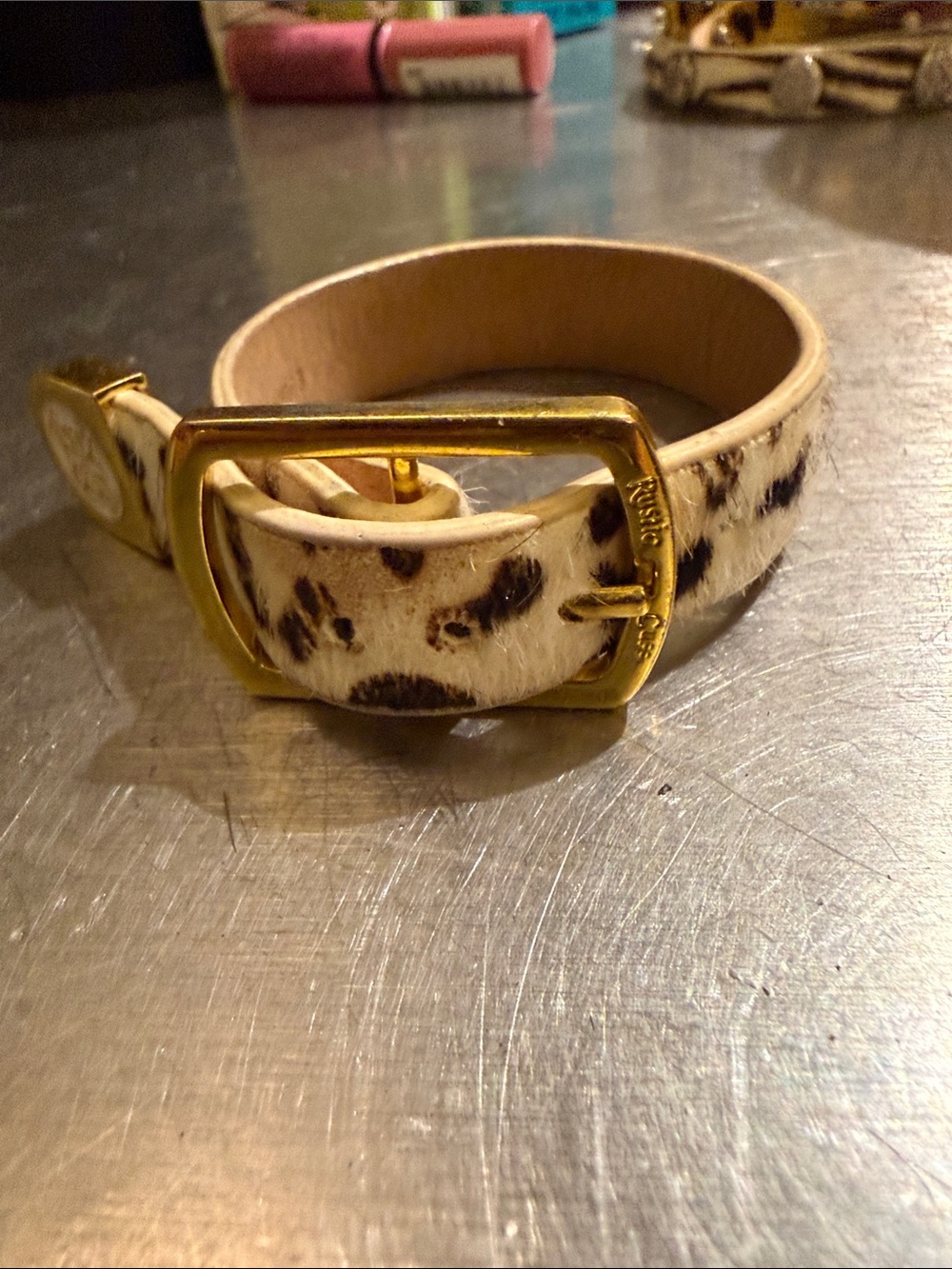 Rustic Cuff White and Brown Spot Leather Bracelet with Gold Buckle